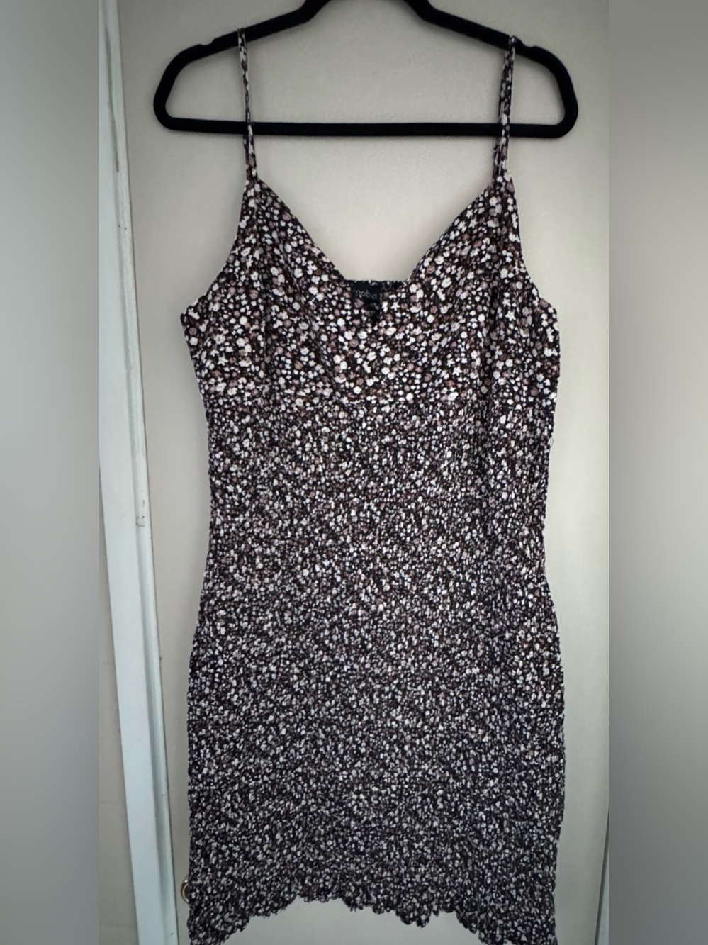 Zenobia Stretchy Brown & White Floral Smocked Spaghetti-Strap Camisole Dress